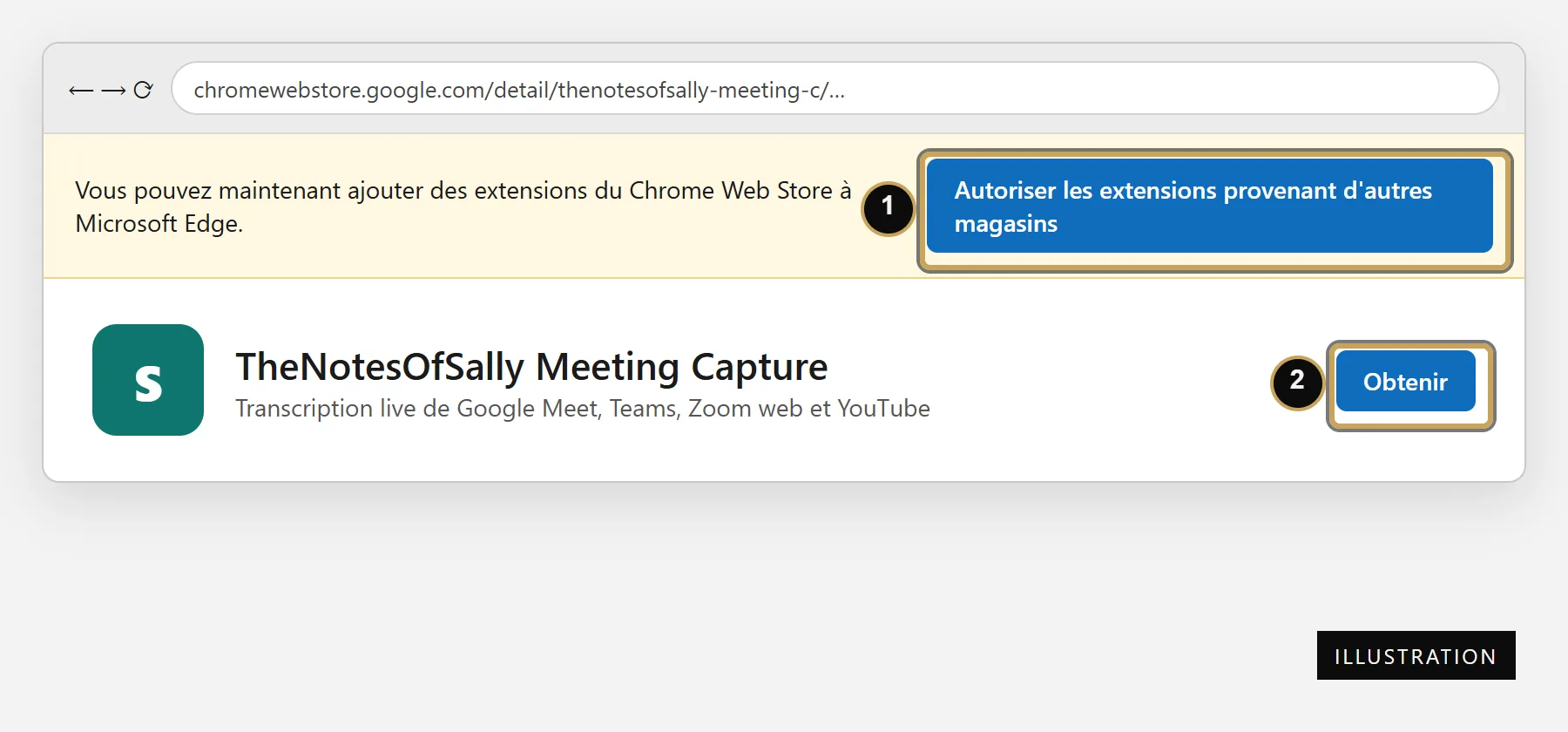 Fiche de l'extension dans Edge : 1, bouton Autoriser les extensions provenant d'autres magasins ; 2, bouton Obtenir.