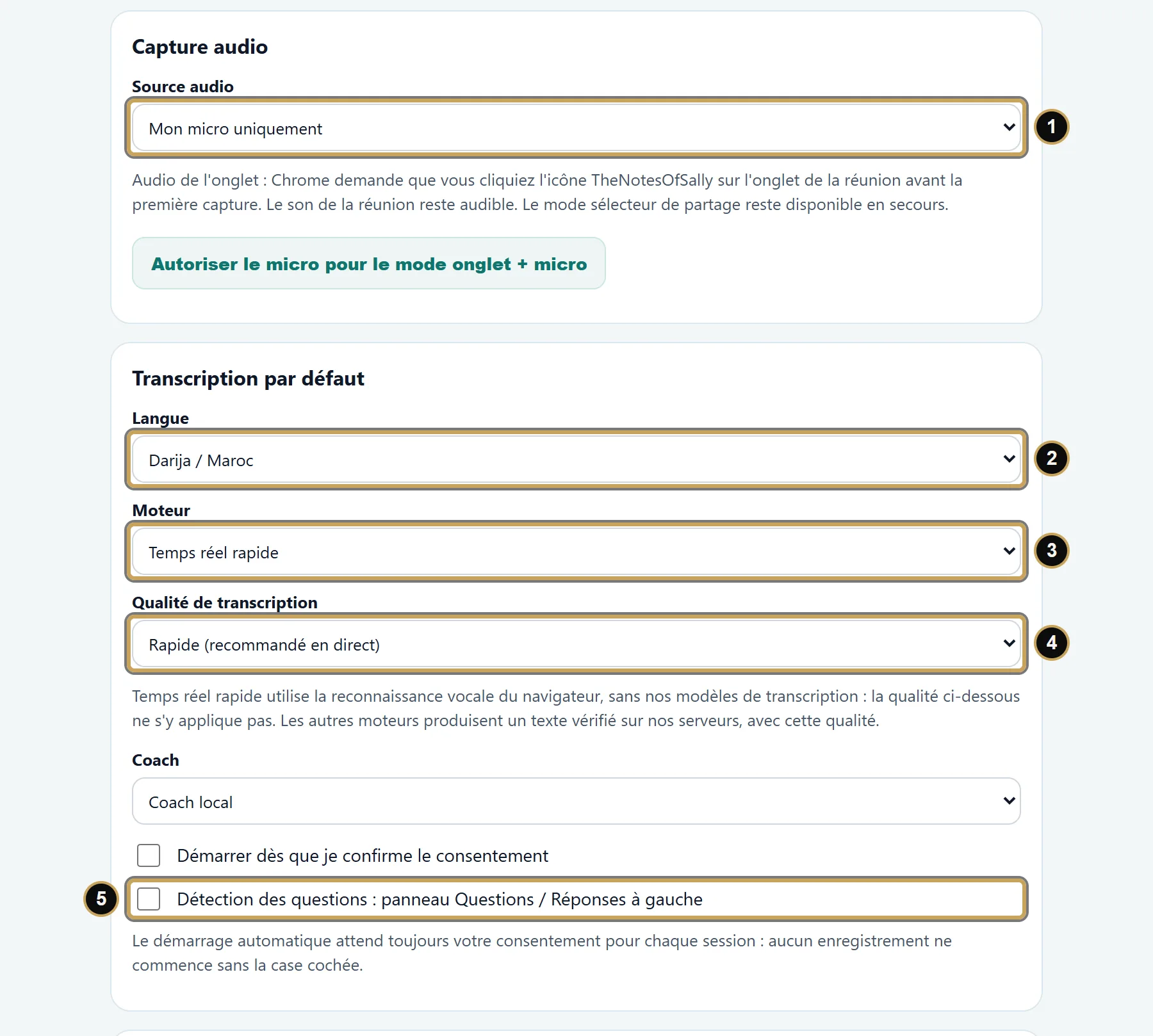Page Options : 1, Source audio ; 2, Langue ; 3, Moteur ; 4, Qualité de transcription ; 5, Détection des questions.