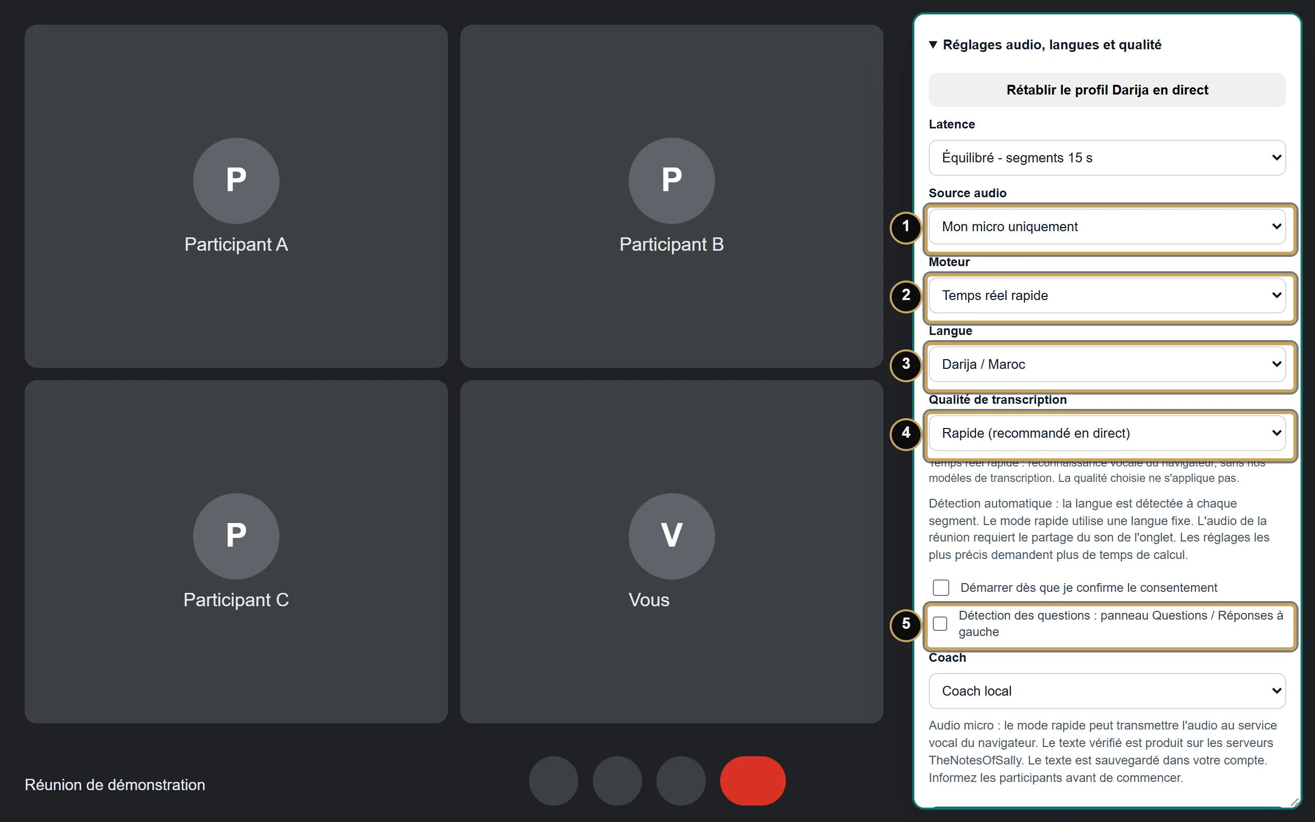 Réglages du panneau : 1, Source audio ; 2, Moteur ; 3, Langue ; 4, Qualité de transcription ; 5, Détection des questions.