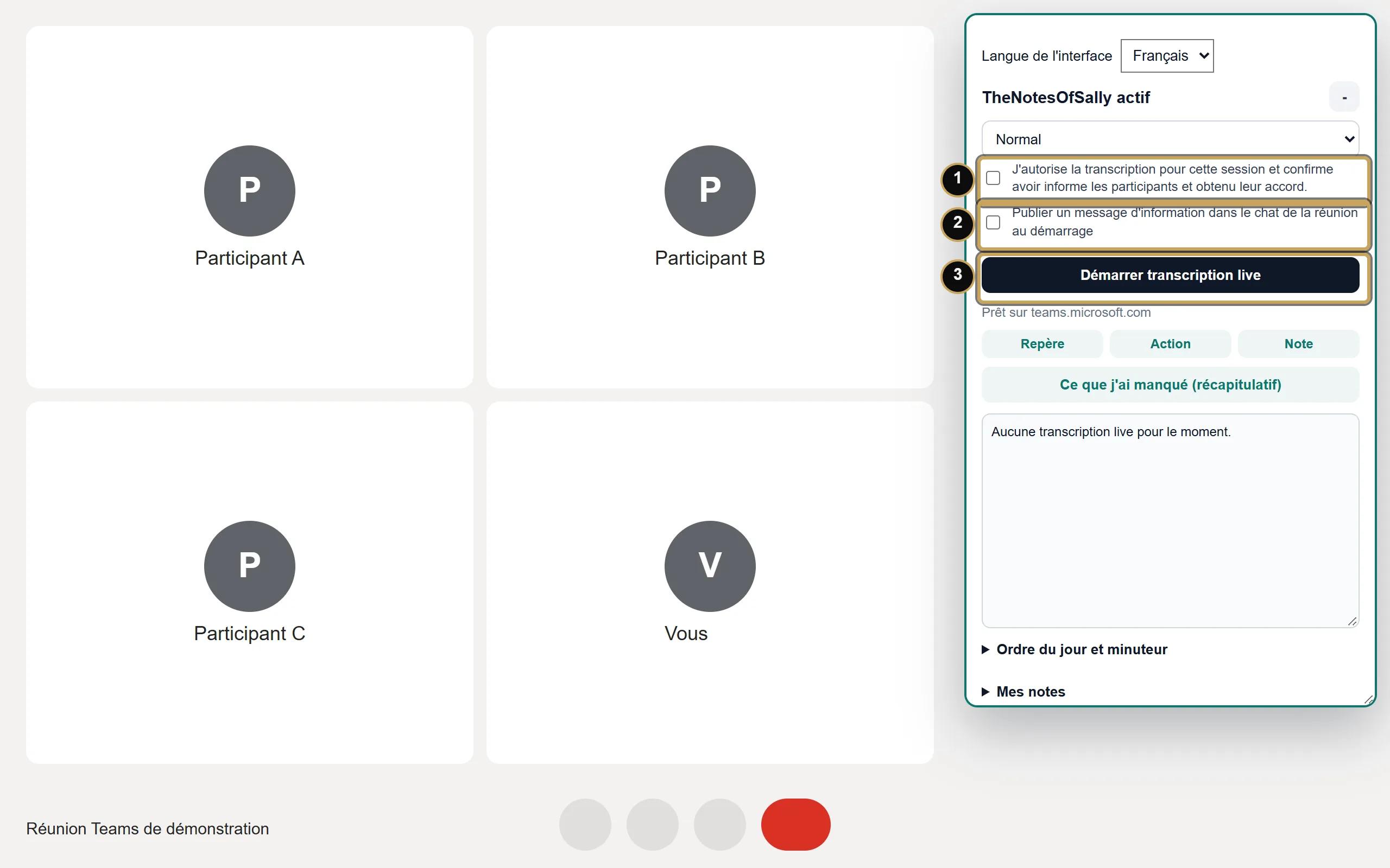 Panneau de l'extension sur une réunion Teams web de démonstration : 1, consentement ; 2, message d'information dans le chat ; 3, Démarrer transcription live.
