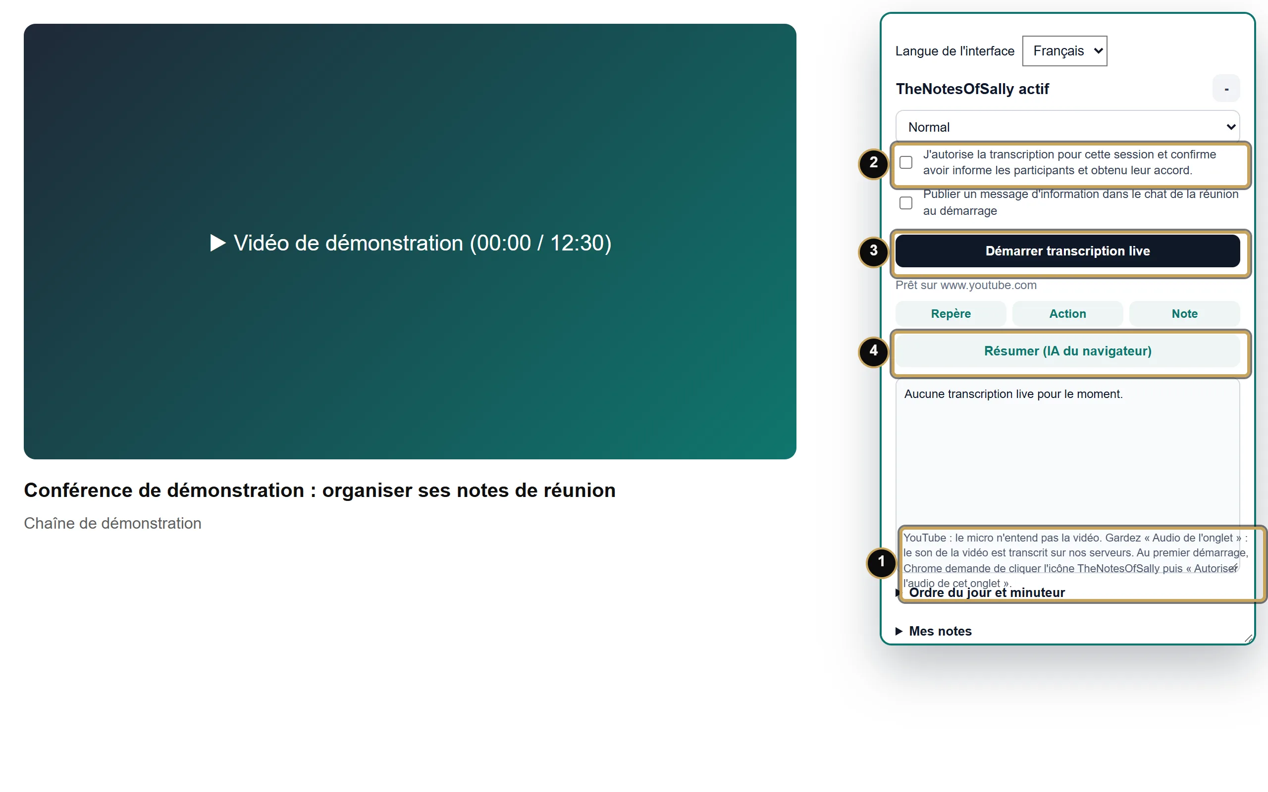 Panneau sur une vidéo YouTube de démonstration : 1, conseil audio de l'onglet ; 2, consentement ; 3, Démarrer transcription live ; 4, Résumer (IA du navigateur).