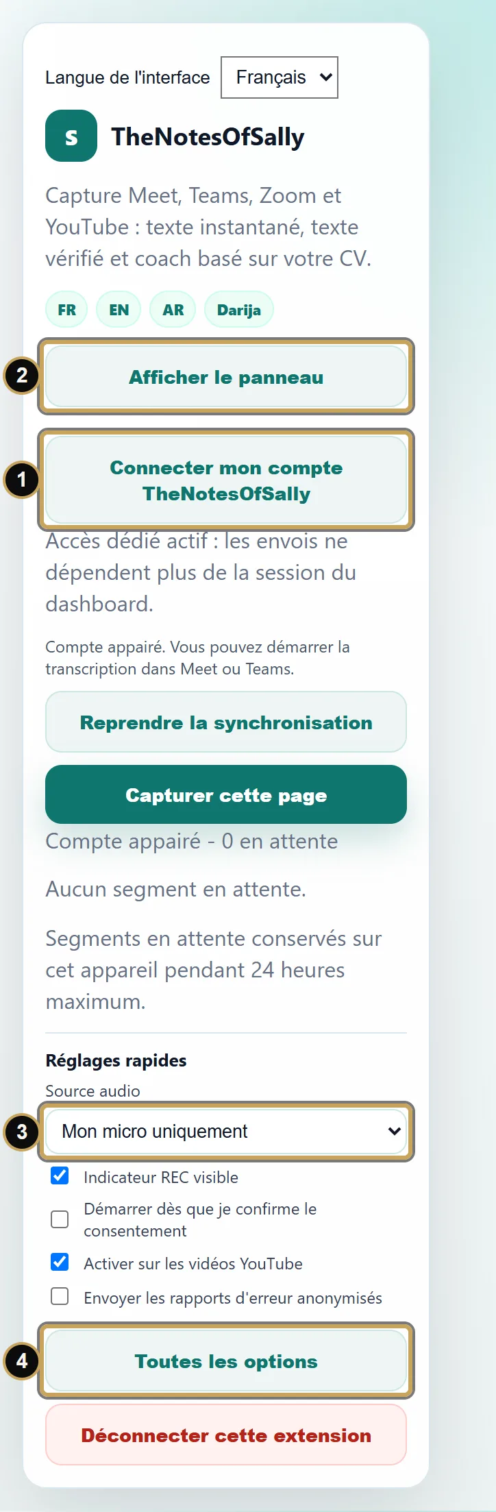 Popup de l'extension : 1, Connecter mon compte TheNotesOfSally ; 2, Afficher le panneau ; 3, Source audio ; 4, Toutes les options.