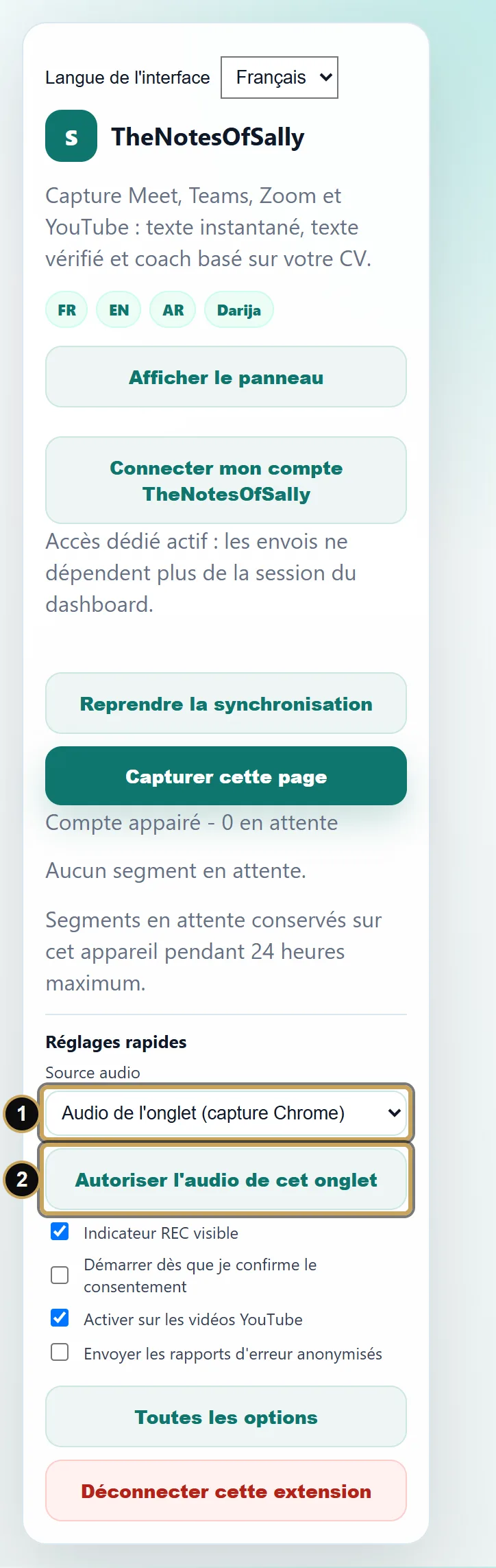 Popup sur un onglet YouTube : 1, Source audio sur Audio de l'onglet ; 2, bouton Autoriser l'audio de cet onglet.