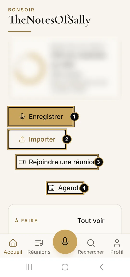 Accueil de l'application : 1, Enregistrer ; 2, Importer ; 3, Rejoindre une réunion ; 4, Agenda.