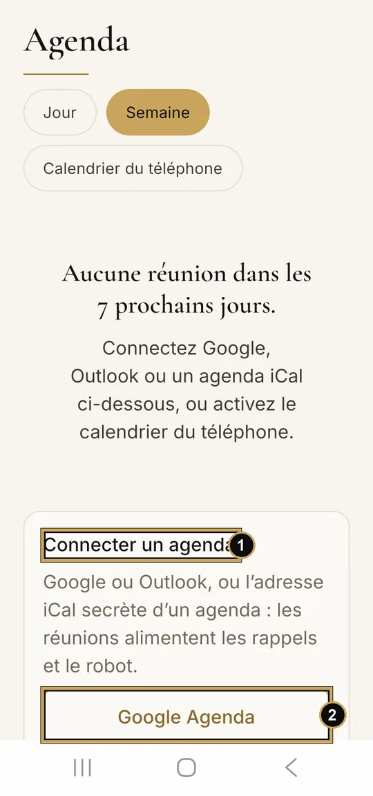 Écran Agenda : 1, Connecter un agenda ; 2, Google Agenda.