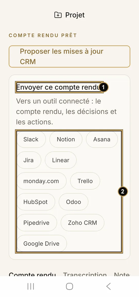 Compte rendu prêt : 1, Envoyer ce compte rendu ; 2, liste des outils connectés.